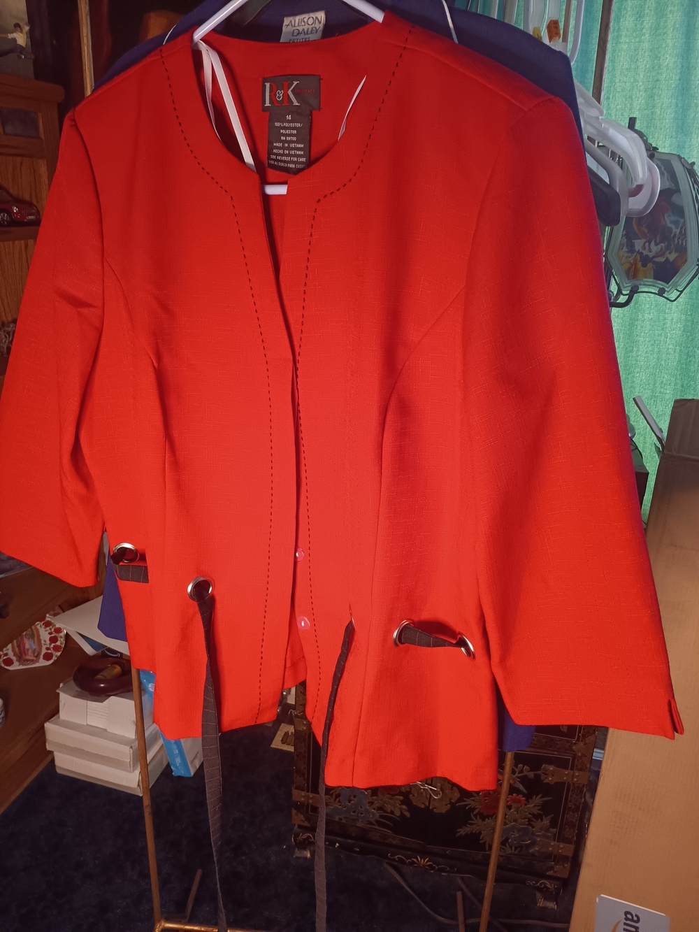 R&K Vibrant Red Open-Front Collarless Blazer with Metal Accent Straps